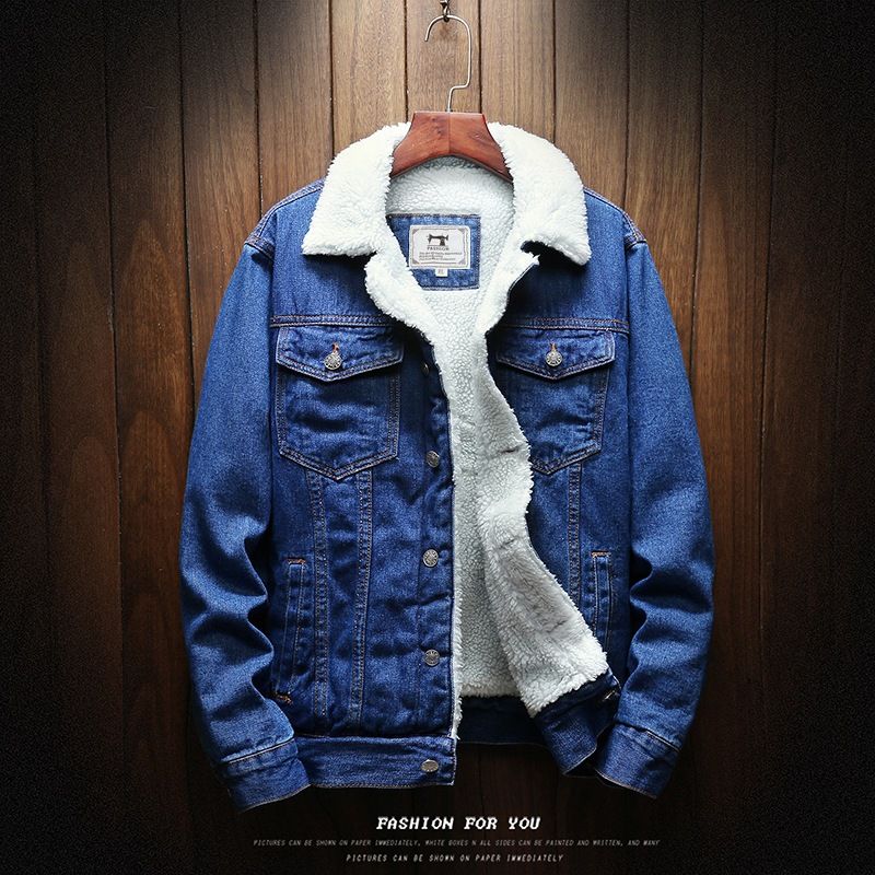 Men Fleece Lined Denim Jacket Korean Style Thick... Light Blue 6XL