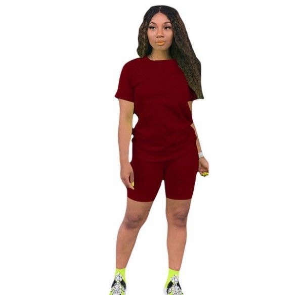 Ishilian Women Solid Color Polyester Spandex Casual Suit Burgundy