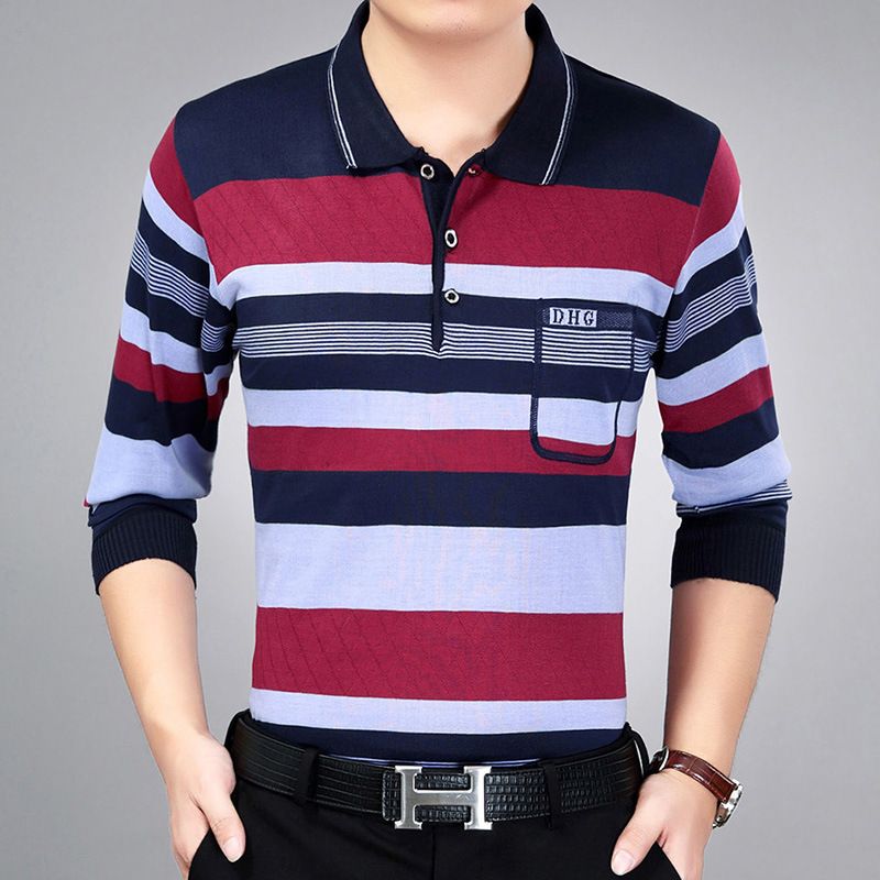 Men Pullover Collar Striped Knitwear Breathable... Dark blue L