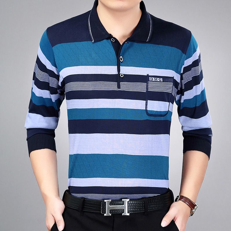 Men Pullover Collar Striped Knitwear Breathable... Silver