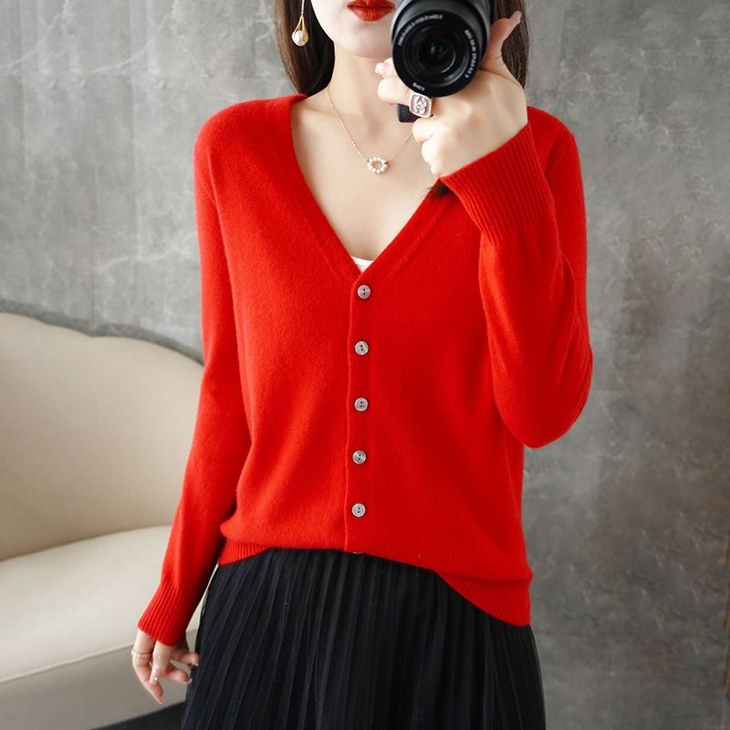 Women V Neck Knitted Cardigan Long Sleeve Sweater big red XXL Size: XXL; Height (cm): 175-180; Weight (kg): 65-70; Bust (cm): 98-102; Waist (cm): 82-86; Shoulder width (cm): 41; Length (cm): 66