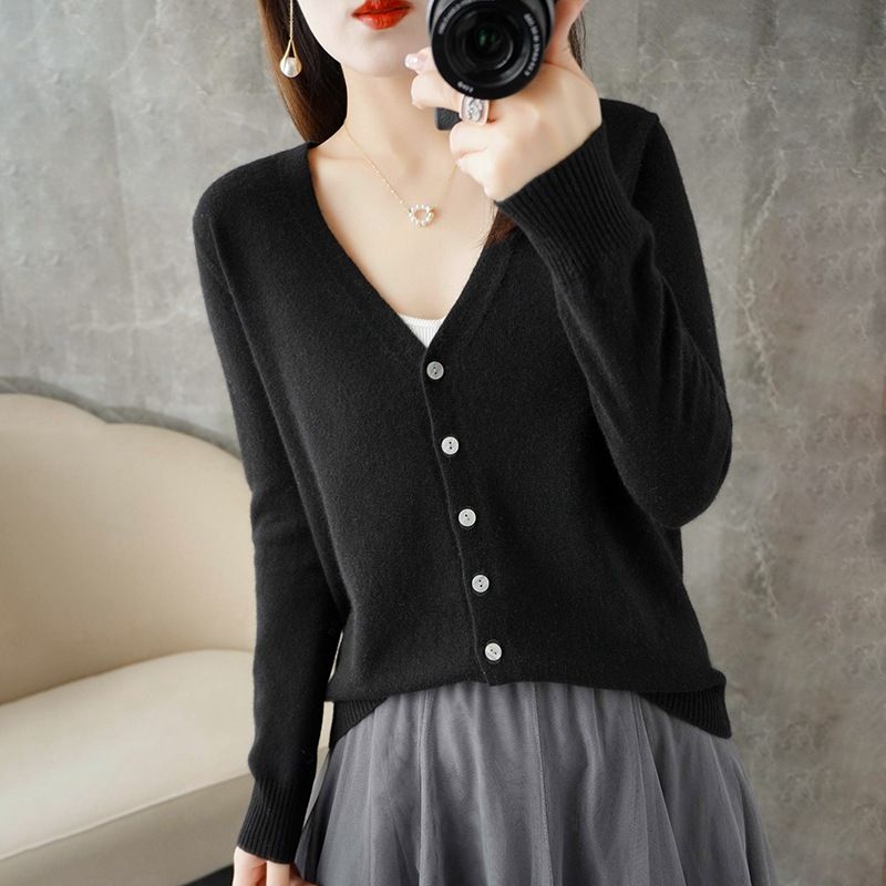 Women V Neck Knitted Cardigan Long Sleeve Sweater Black Size: S; Height (cm): 155-160; Weight (kg): 45-50; Bust (cm): 82-86; Waist (cm): 66-70; Shoulder width (cm): 37; Length (cm): 58