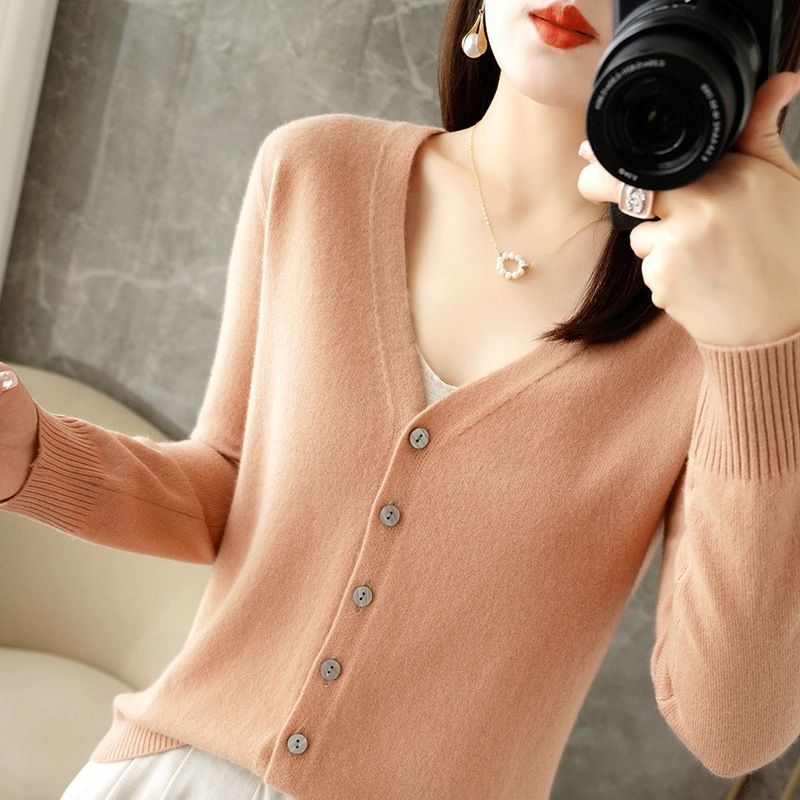 Women V Neck Knitted Cardigan Long Sleeve Sweater Golden Camel Size: S; Height (cm): 155-160; Weight (kg): 45-50; Bust (cm): 82-86; Waist (cm): 66-70; Shoulder width (cm): 37; Length (cm): 58