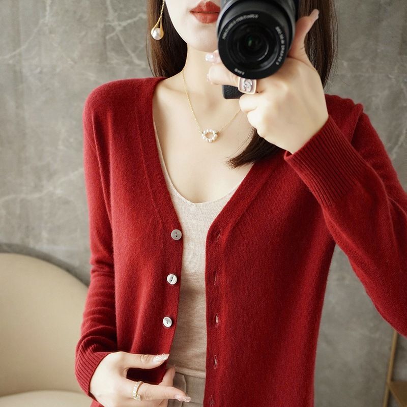 Women V Neck Knitted Cardigan Long Sleeve Sweater Wine red Size: L; Height (cm): 165-170; Weight (kg): 55-60; Bust (cm): 90-94; Waist (cm): 74-78; Shoulder width (cm): 39; Length (cm): 62