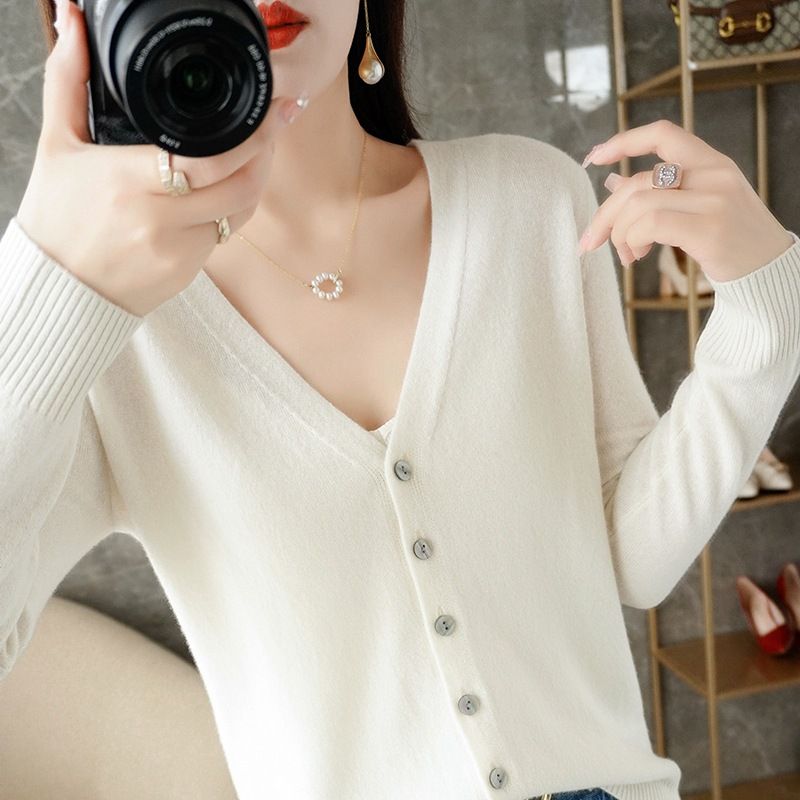 Women V Neck Knitted Cardigan Long Sleeve Sweater orange red Size: S; Height (cm): 155-160; Weight (kg): 45-50; Bust (cm): 82-86; Waist (cm): 66-70; Shoulder width (cm): 37; Length (cm): 58