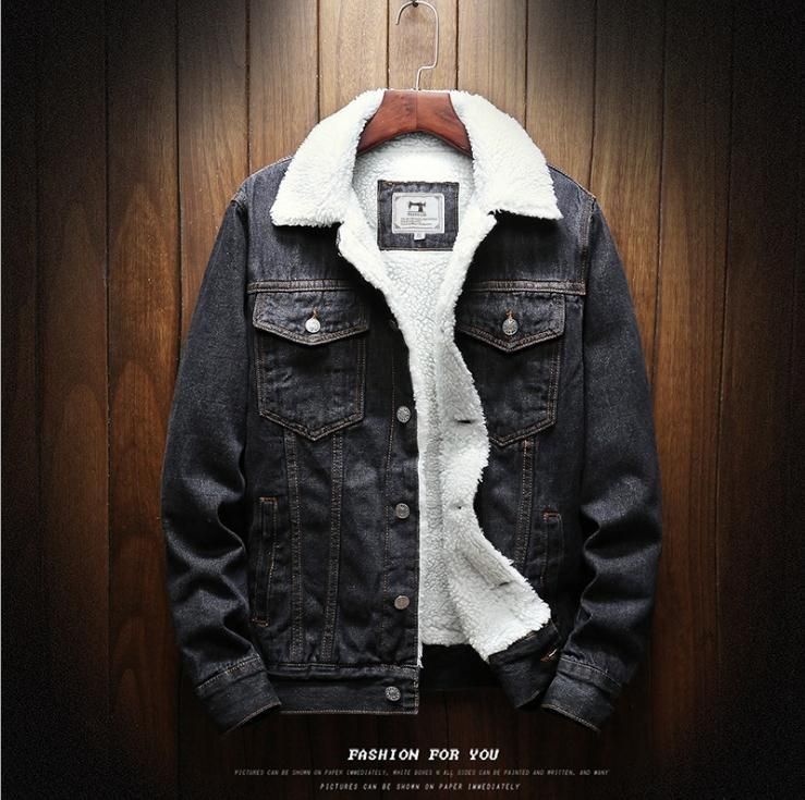 Men Fleece Lined Denim Jacket Korean Style Thick... Retro Black Size: L; Height (cm): 170-175; Weight (kg): 65-75; Bust (cm): 104; Shoulder width (cm): 45; Length (cm): 68; Sleeve length (cm): 62