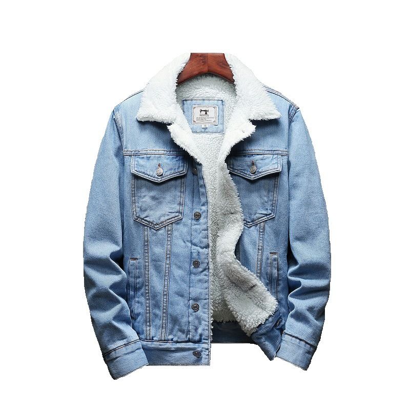 Men Fleece Lined Denim Jacket Korean Style Thick... Pure black 6XL