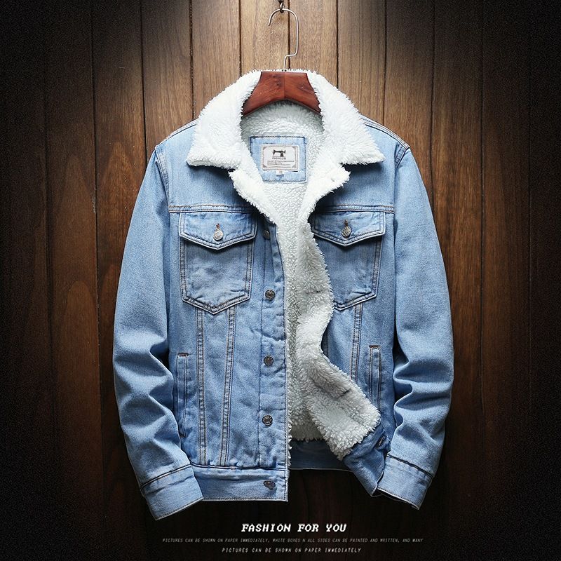 Men Fleece Lined Denim Jacket Korean Style Thick... Pure black