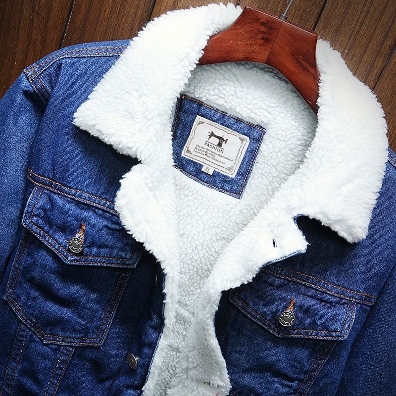 Men Fleece Lined Denim Jacket Korean Style Thick... Pure black Size: M; Height (cm): 165-170; Weight (kg): 55-65; Bust (cm): 100; Shoulder width (cm): 44; Length (cm): 66; Sleeve length (cm): 60