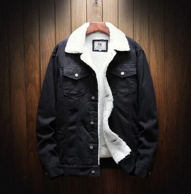 Men Fleece Lined Denim Jacket Korean Style Thick... Pure black 5XL