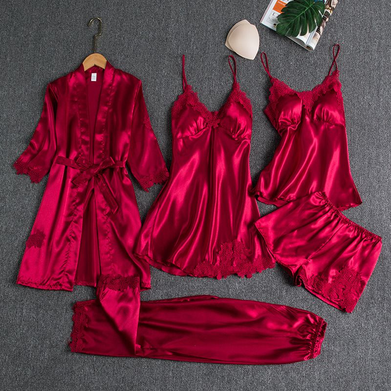Women Five Piece Sleepwear Set Polyester V Neck Champagne XL