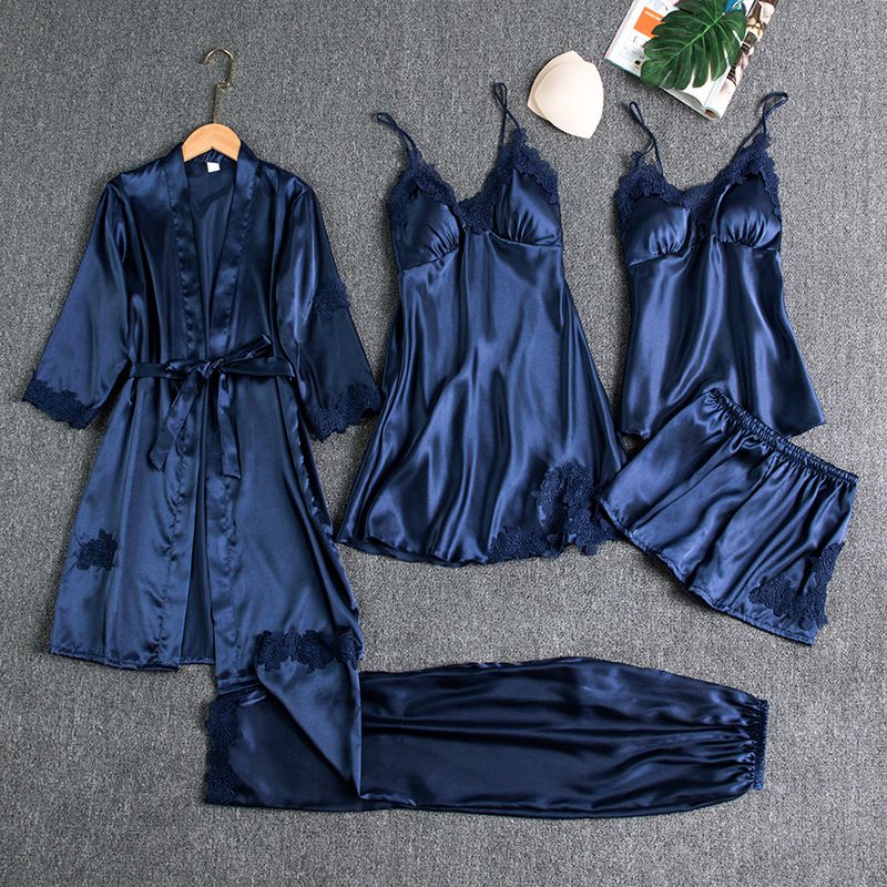 Women Five Piece Sleepwear Set Polyester V Neck Navy M