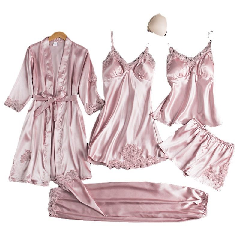 Women Five Piece Sleepwear Set Polyester V Neck Pink M