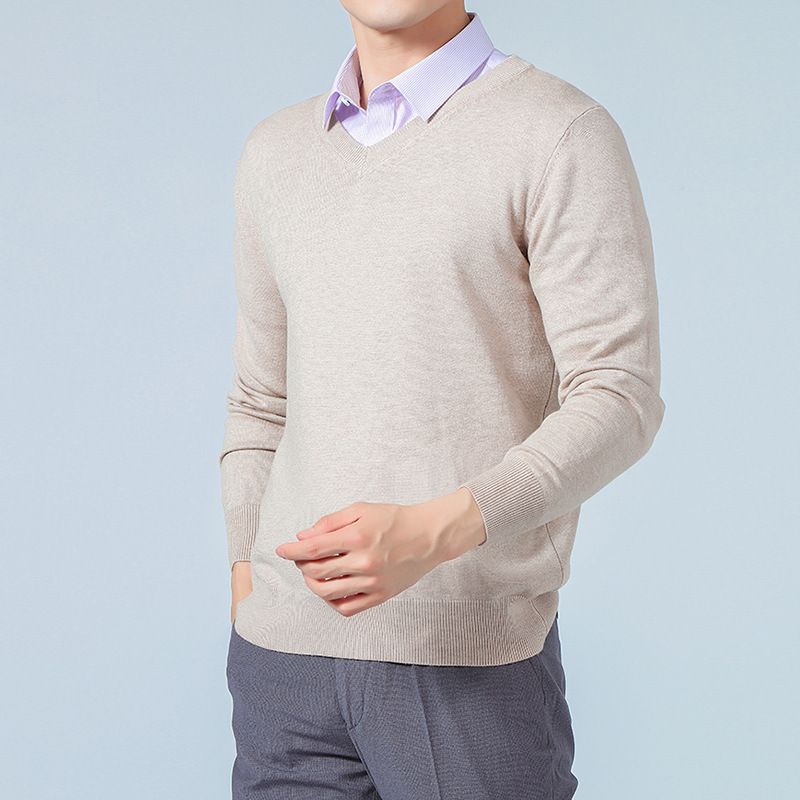 Men V Neck Pullover Knitwear Loose Long Sleeve CAMEL