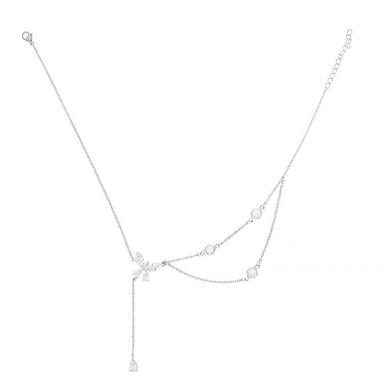 Necklace Women Alloy Bow Water Wave Chain Rhinestone butterfly necklace