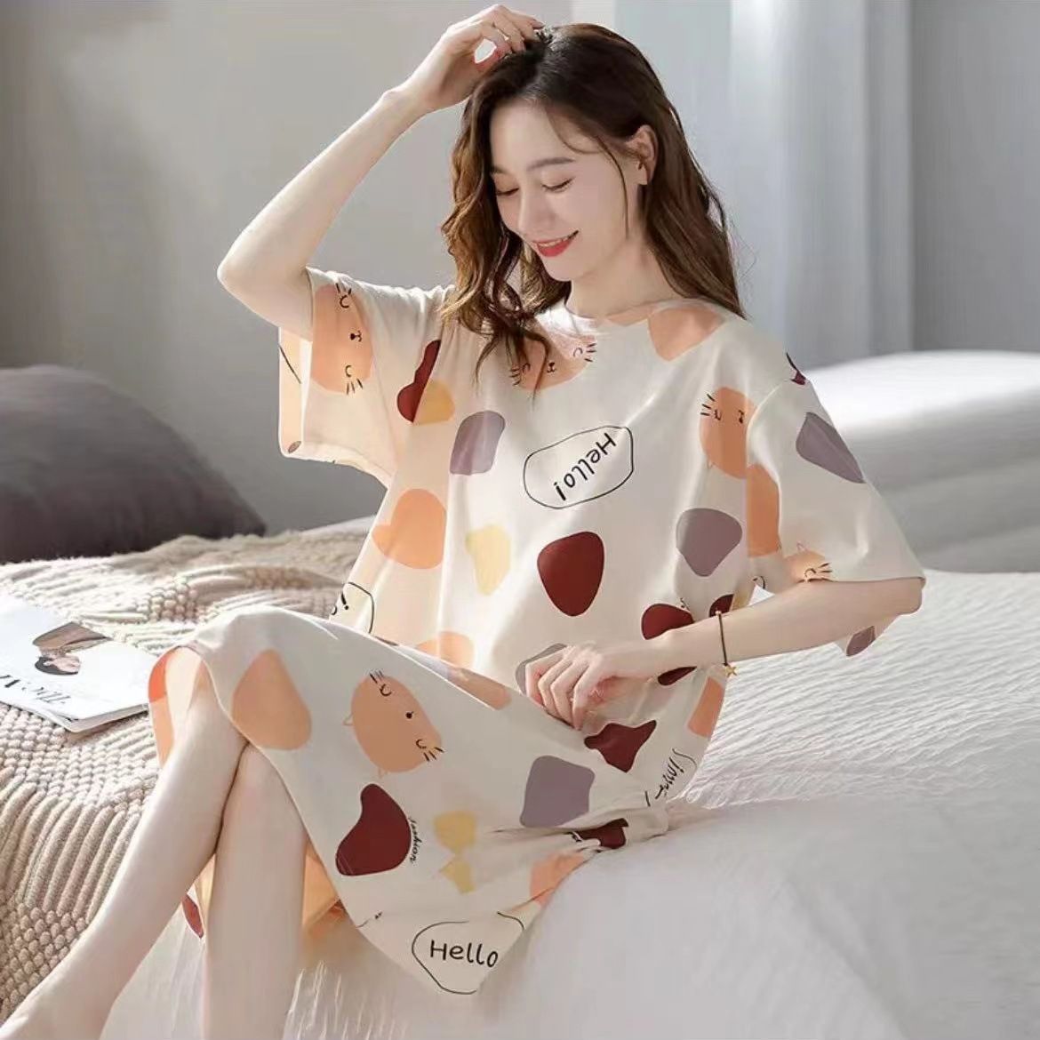 Women Summer Sleepwear Polyester Loose Dress Yellow 5xl