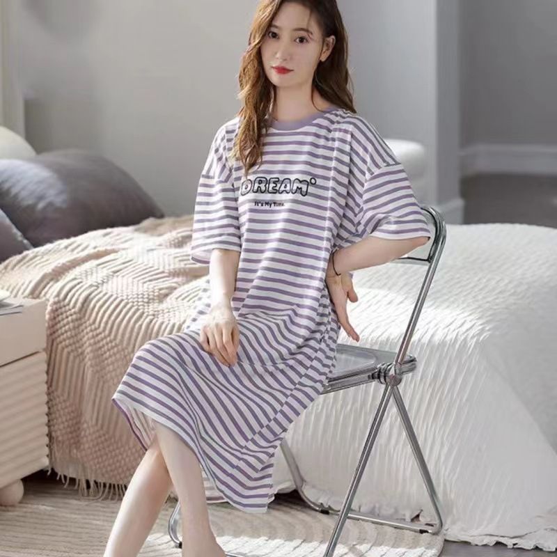 Women Summer Sleepwear Polyester Loose Dress Blue 4XL