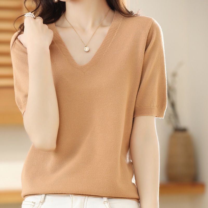 Women V Neck Knit Sweater Half Sleeve Pullover Golden Camel XL Size: XL; Height (cm): 170-175; Weight (kg): 60-65; Bust (cm): 94-98; Waist (cm): 78-82; Shoulder width (cm): 40; Length (cm): 64