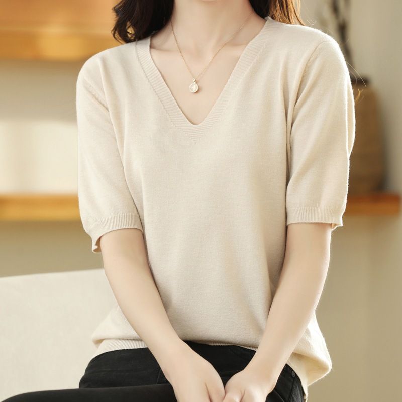 Women V Neck Knit Sweater Half Sleeve Pullover Beige Size: S; Height (cm): 155-160; Weight (kg): 45-50; Bust (cm): 82-86; Waist (cm): 66-70; Shoulder width (cm): 37; Length (cm): 58