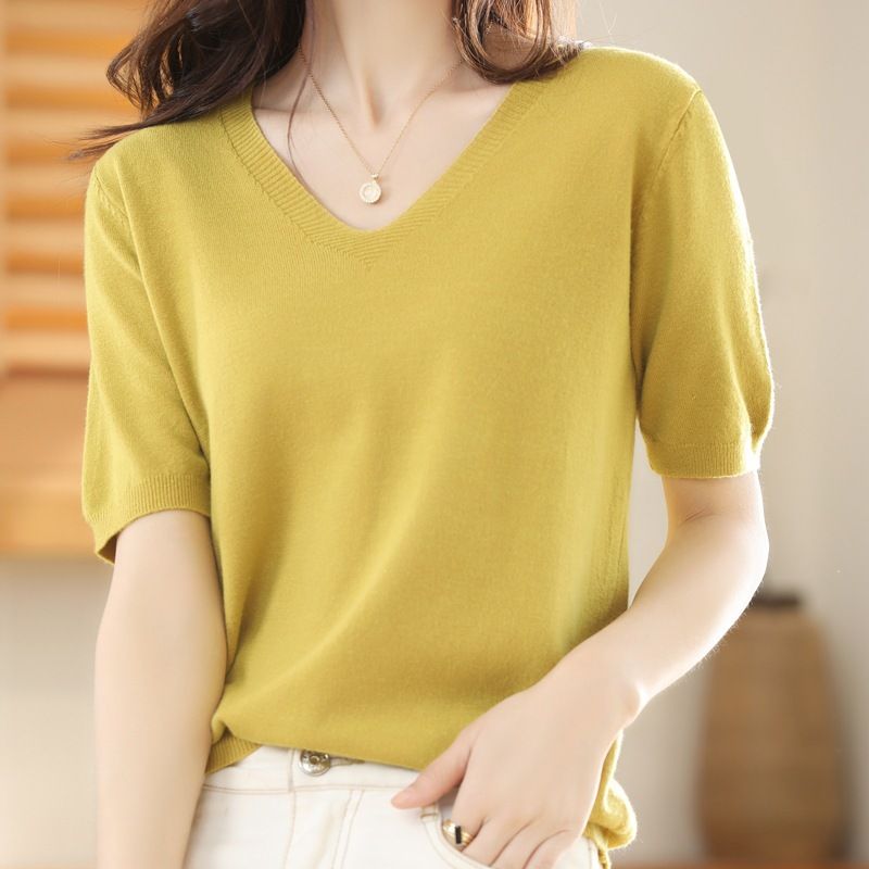 Women V Neck Knit Sweater Half Sleeve Pullover Autumn leaves yellow XL Size: XL; Height (cm): 170-175; Weight (kg): 60-65; Bust (cm): 94-98; Waist (cm): 78-82; Shoulder width (cm): 40; Length (cm): 64