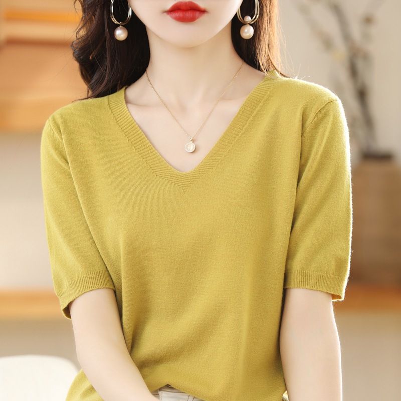 Women V Neck Knit Sweater Half Sleeve Pullover Autumn leaves yellow XL Size: XL; Height (cm): 170-175; Weight (kg): 60-65; Bust (cm): 94-98; Waist (cm): 78-82; Shoulder width (cm): 40; Length (cm): 64