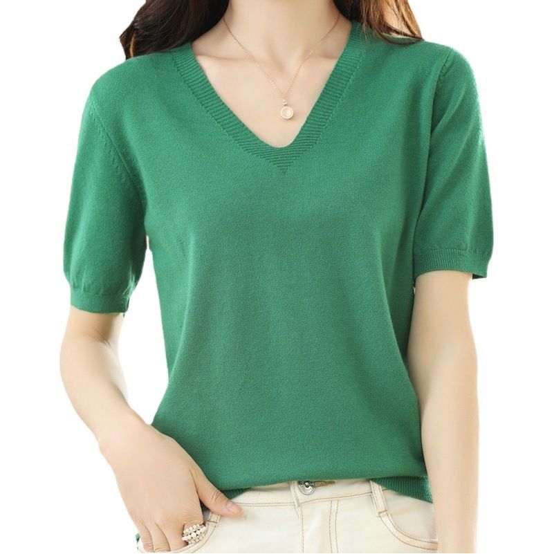Women V Neck Knit Sweater Half Sleeve Pullover Haze Blue Size: S; Height (cm): 155-160; Weight (kg): 45-50; Bust (cm): 82-86; Waist (cm): 66-70; Shoulder width (cm): 37; Length (cm): 58