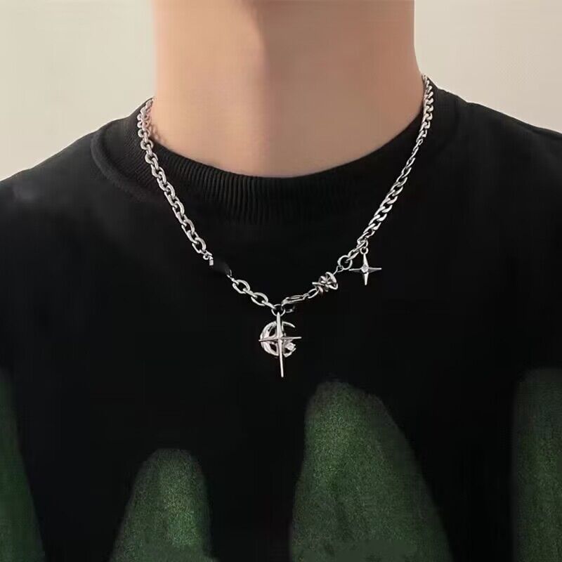 Titanium Steel Necklace Black Gem Star Hip Hop Awn star black gem necklace