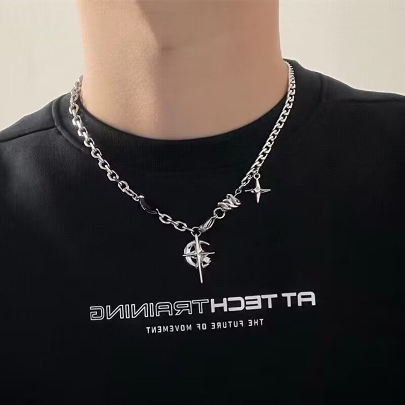 Titanium Steel Necklace Black Gem Star Hip Hop Awn star black gem necklace