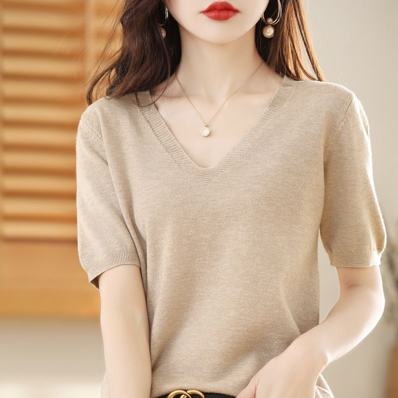Women V Neck Knit Sweater Half Sleeve Pullover CAMEL Size: M; Height (cm): 160-165; Weight (kg): 50-55; Bust (cm): 86-90; Waist (cm): 70-74; Shoulder width (cm): 38; Length (cm): 60