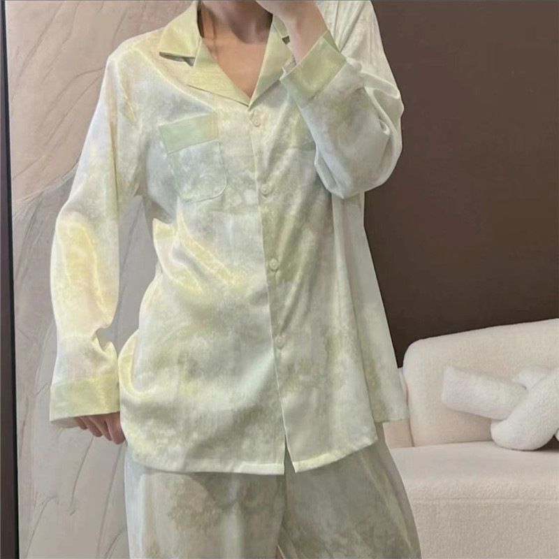 Women Long Sleeve Sleepwear Set Polyester Home Double long blue# twill sand painting