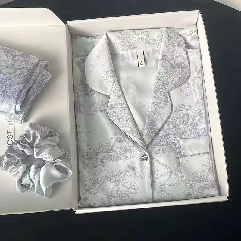 Women Long Sleeve Sleepwear Set Polyester Home Double-length gray# twill sand painting XL