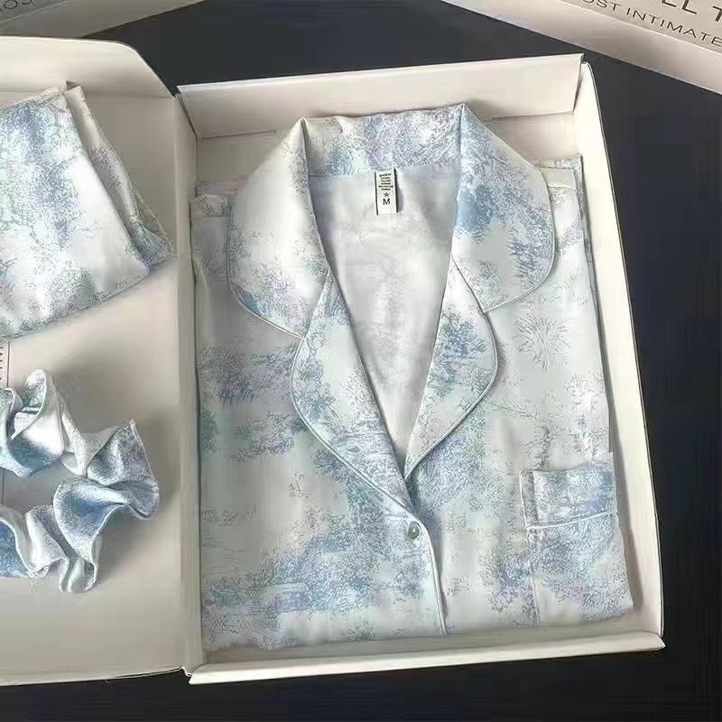 Women Long Sleeve Sleepwear Set Polyester Home Double long blue# twill sand painting XXL