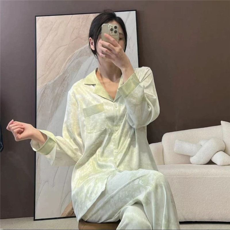 Women Long Sleeve Sleepwear Set Polyester Home Double long blue# twill sand painting XXL