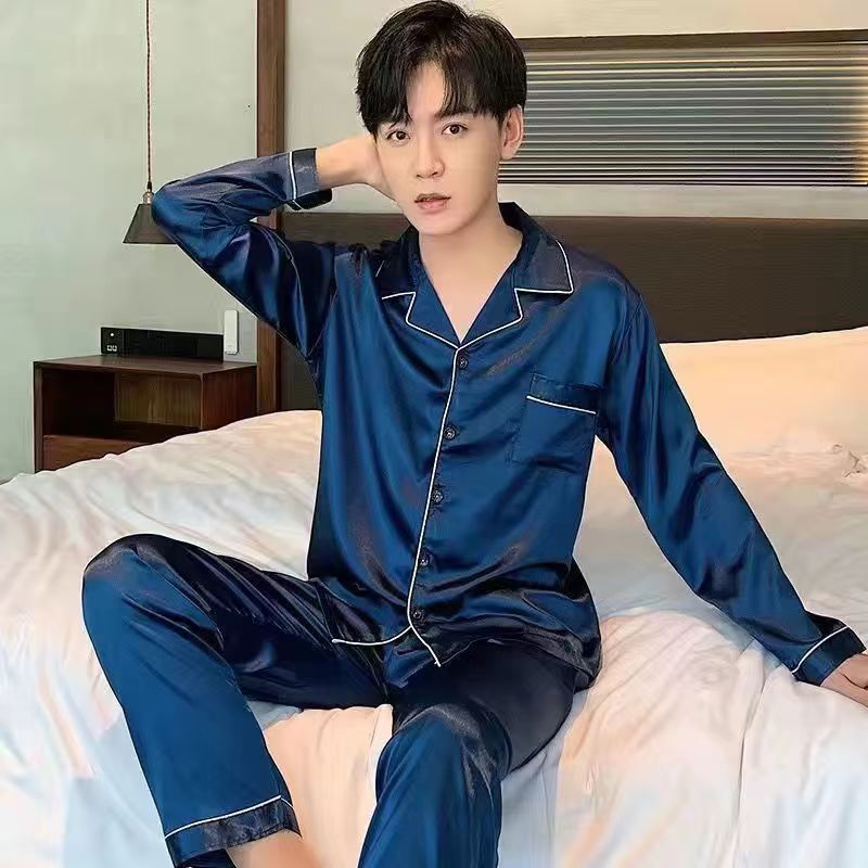 Plus Size Polyester Long Sleeve Sleepwear Trousers... 1290 dark blue Men's 3XL