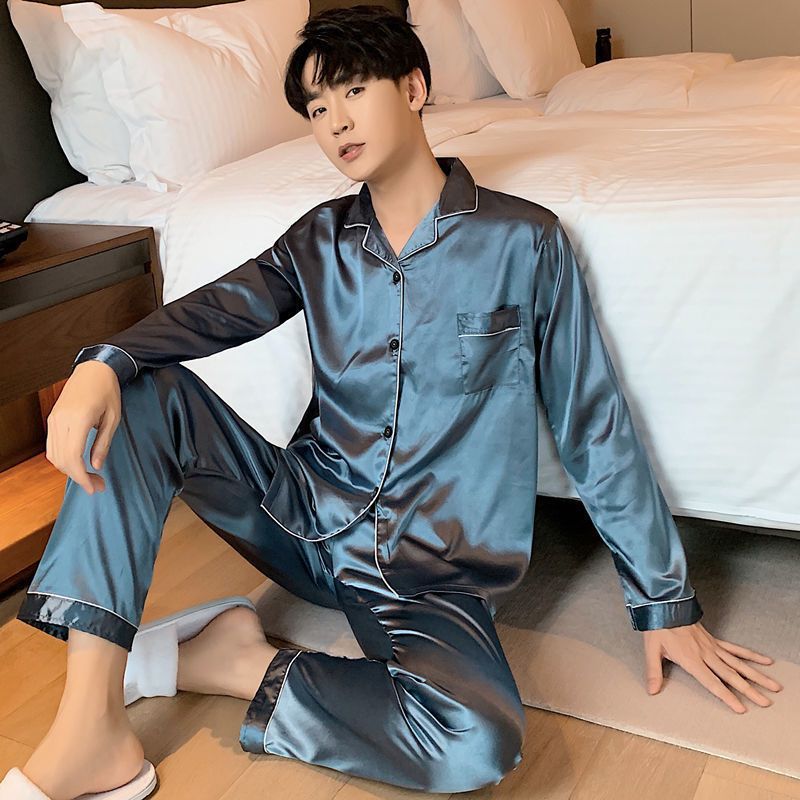 Plus Size Polyester Long Sleeve Sleepwear Trousers... 1290 dark blue Men's 3XL