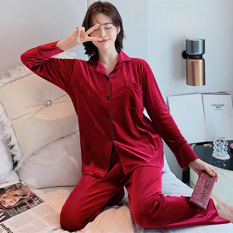Women Winter Velvet Sleepwear Set Long Sleeve 096# Pink Female L