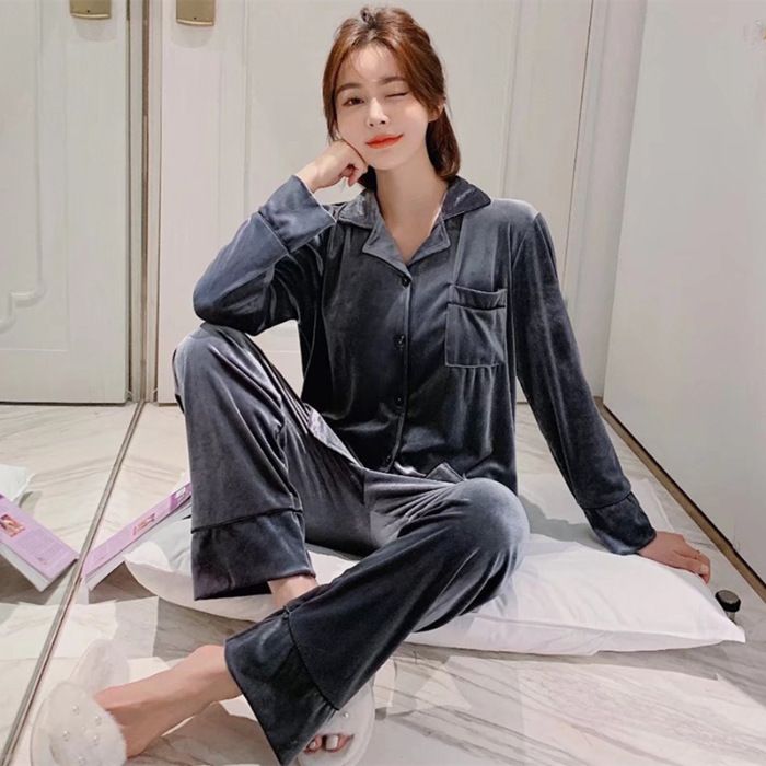 Women Winter Velvet Sleepwear Set Long Sleeve 096# Gray Female M