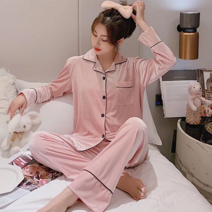 Women Winter Velvet Sleepwear Set Long Sleeve 096# Pink Female XL