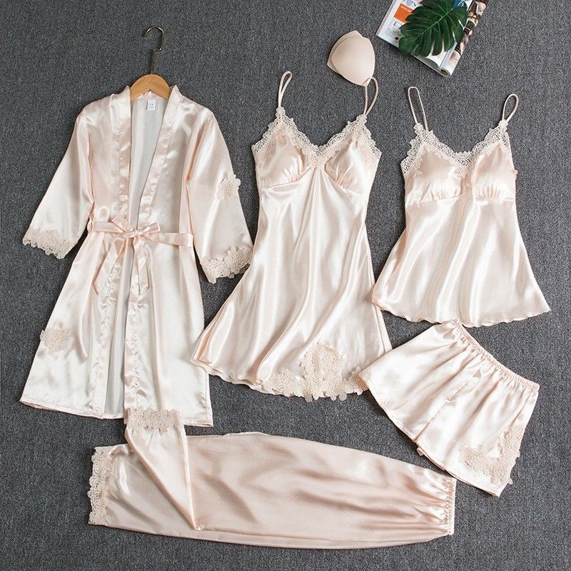 Women Five Piece Sleepwear Set Polyester V Neck Champagne 4XL