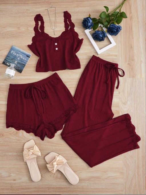 Subtle Lace Women Pajamas Set Sleepwear Wine Red XXL