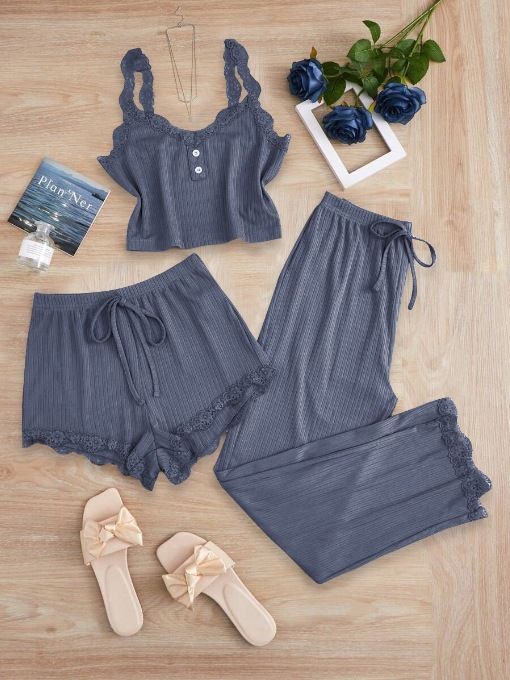 Subtle Lace Women Pajamas Set Sleepwear Gray Blue XXXL