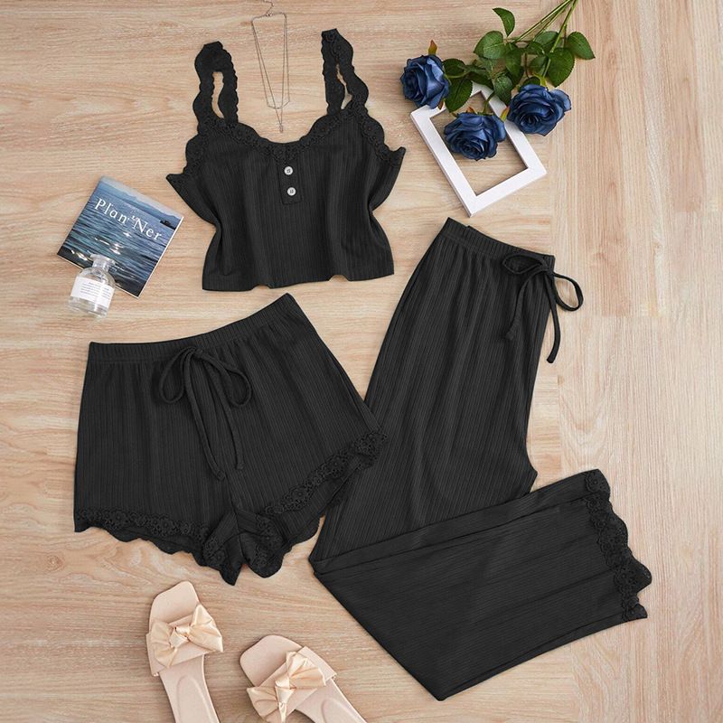 Subtle Lace Women Pajamas Set Sleepwear Pink M