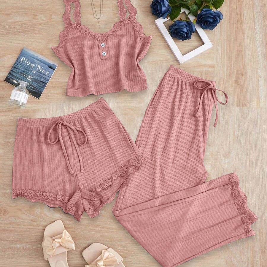 Subtle Lace Women Pajamas Set Sleepwear Pink M
