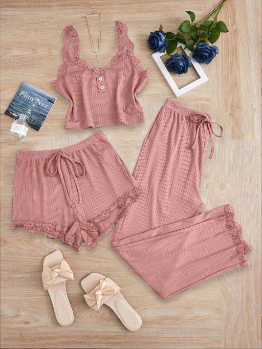 Subtle Lace Women Pajamas Set Sleepwear Pink XXL
