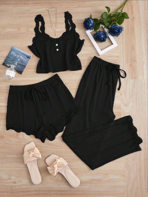 Subtle Lace Women Pajamas Set Sleepwear Black