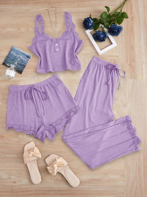 Subtle Lace Women Pajamas Set Sleepwear Light Purple M