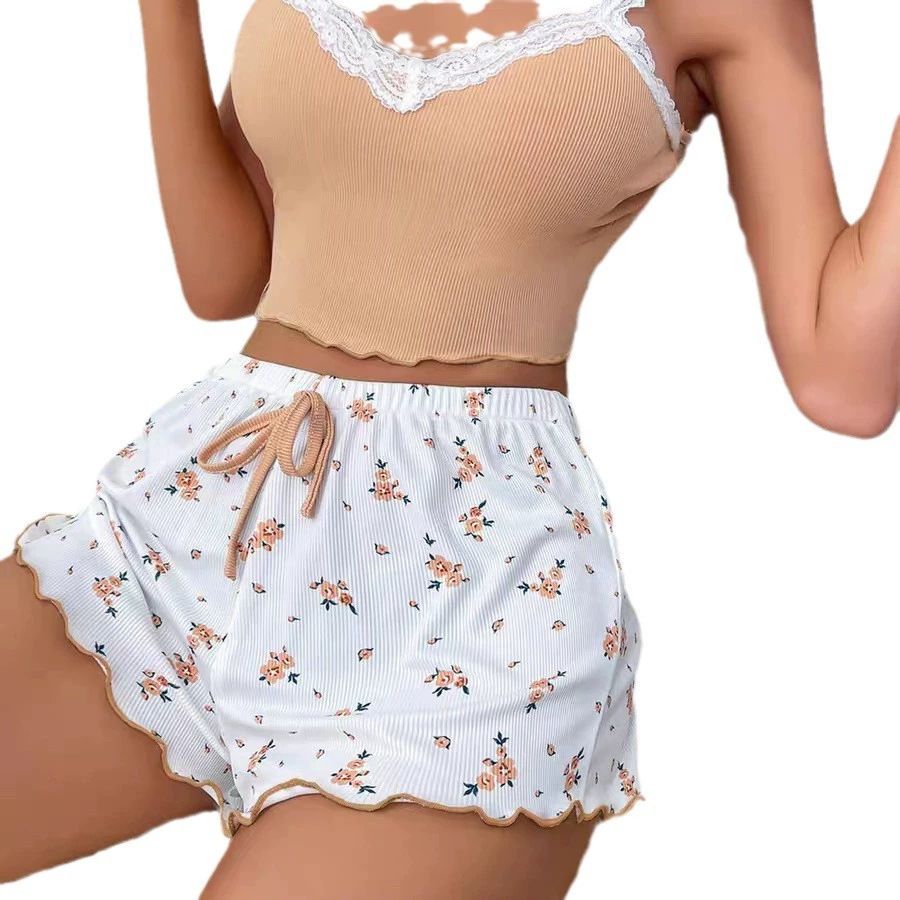 Women Sleepwear Set V Neck Sleeveless Shorts Suit Pink XXL