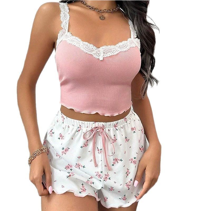 Women Sleepwear Set V Neck Sleeveless Shorts Suit Khaki