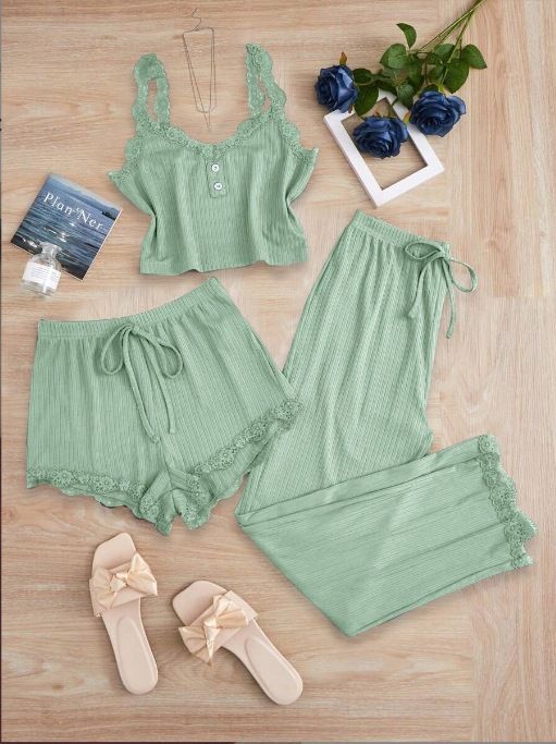 Subtle Lace Women Pajamas Set Sleepwear Mustard Green XXL