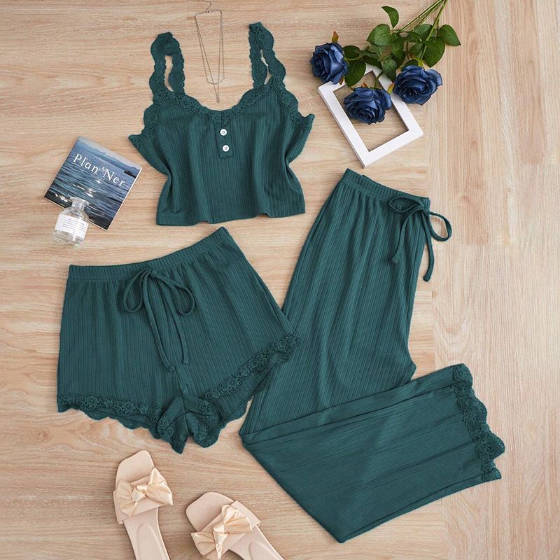 Subtle Lace Women Pajamas Set Sleepwear Forest Green XXXL